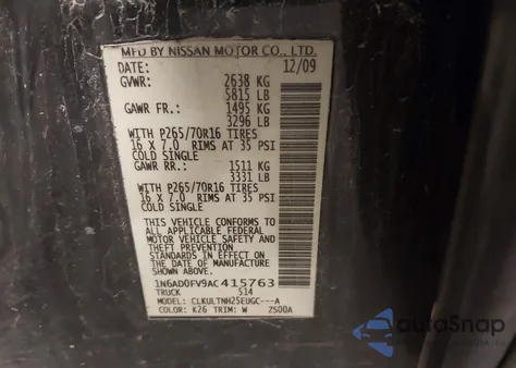 2010 Nissan Frontier Se z USA, uszkodzony, nr VIN 1N6AD0FV9AC415763